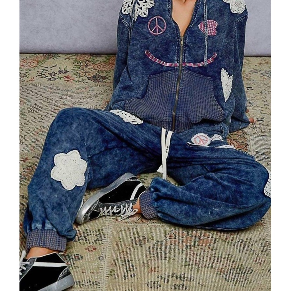 POL Peace Denim Joggers Sz L Boho Crochet Patchwork Baggy Drawstring Pockets